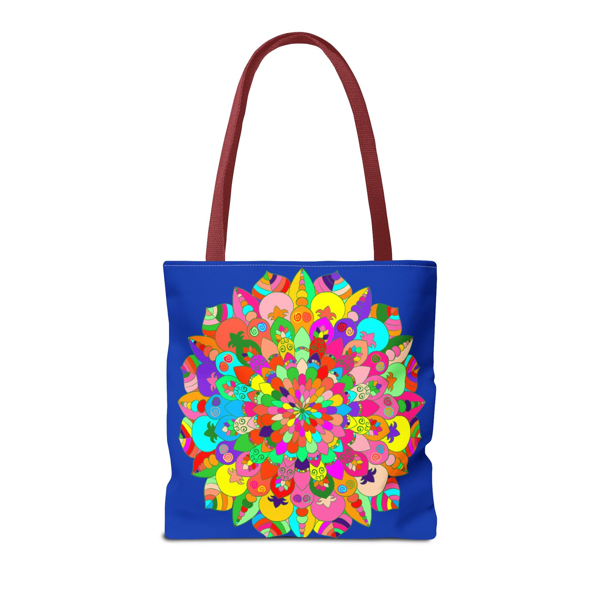 Dark blue tote bag with colorful mandala art, perfect for carrying books, groceries, and essentials in style