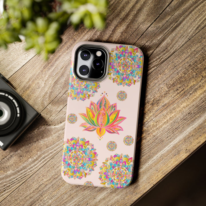 Beautiful light pink phone case with intricate lotus flower mandala design