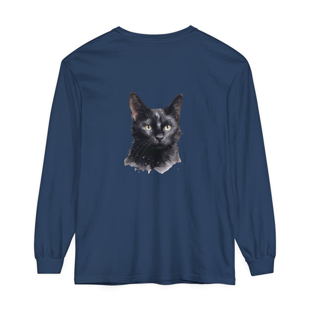 Black Cat Watercolor Unisex Long Sleeve T-Shirt with vibrant watercolor cat design