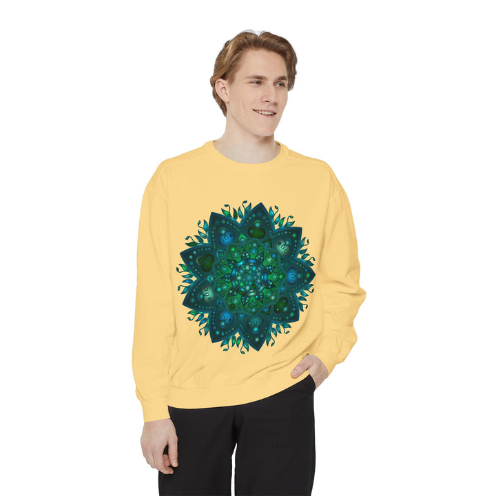 Teal and blue mandala sweatshirt featuring an intricate and detailed design pattern