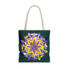 Dark green zen girl mandala tote bag with vibrant, colorful design by Blululi