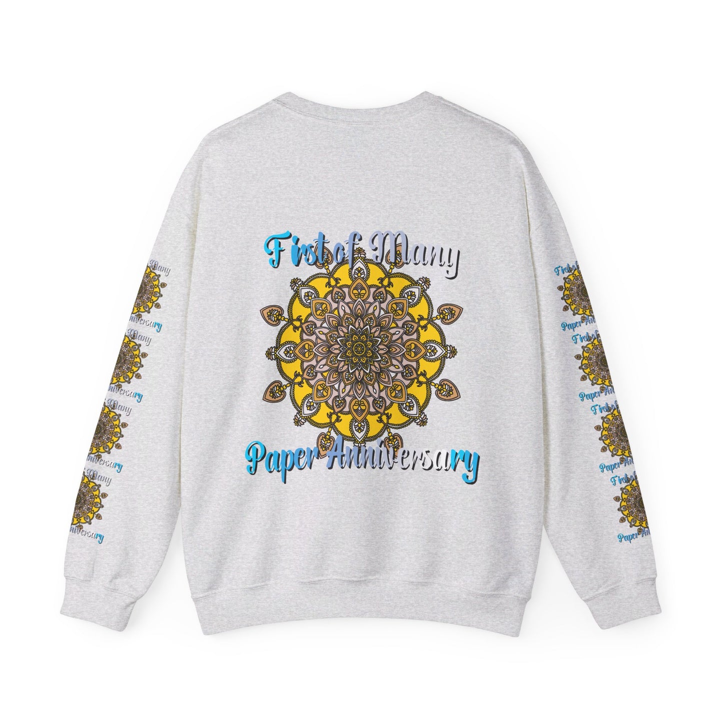 First Year Wedding Anniversary Gift - First of Many, Paper Anniversary Unisex Heavy Blend™ Crewneck Sweatshirt in Grey, celebrating the milestone with a cozy and stylish garment for him or her