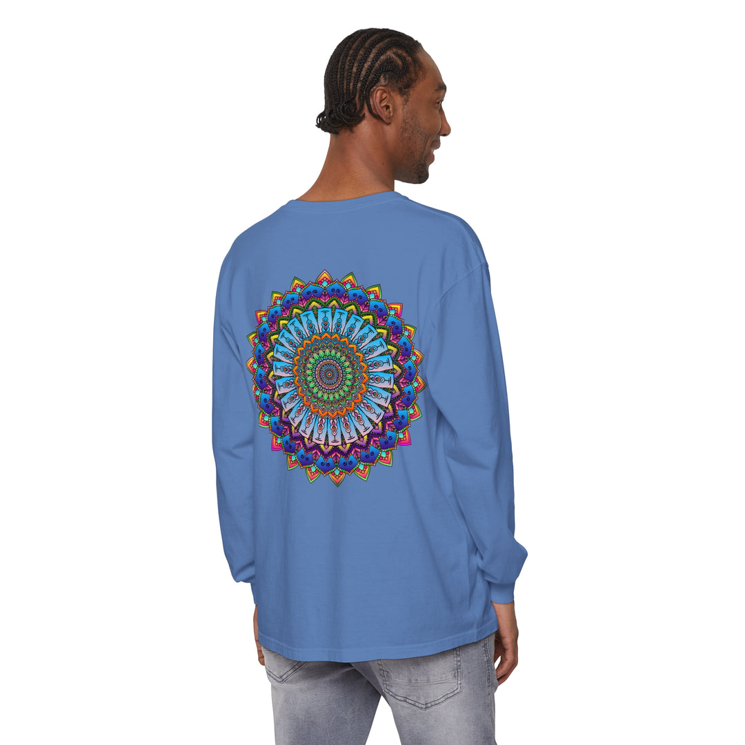 Colorful and intricate mandala design on a long sleeve unisex t-shirt