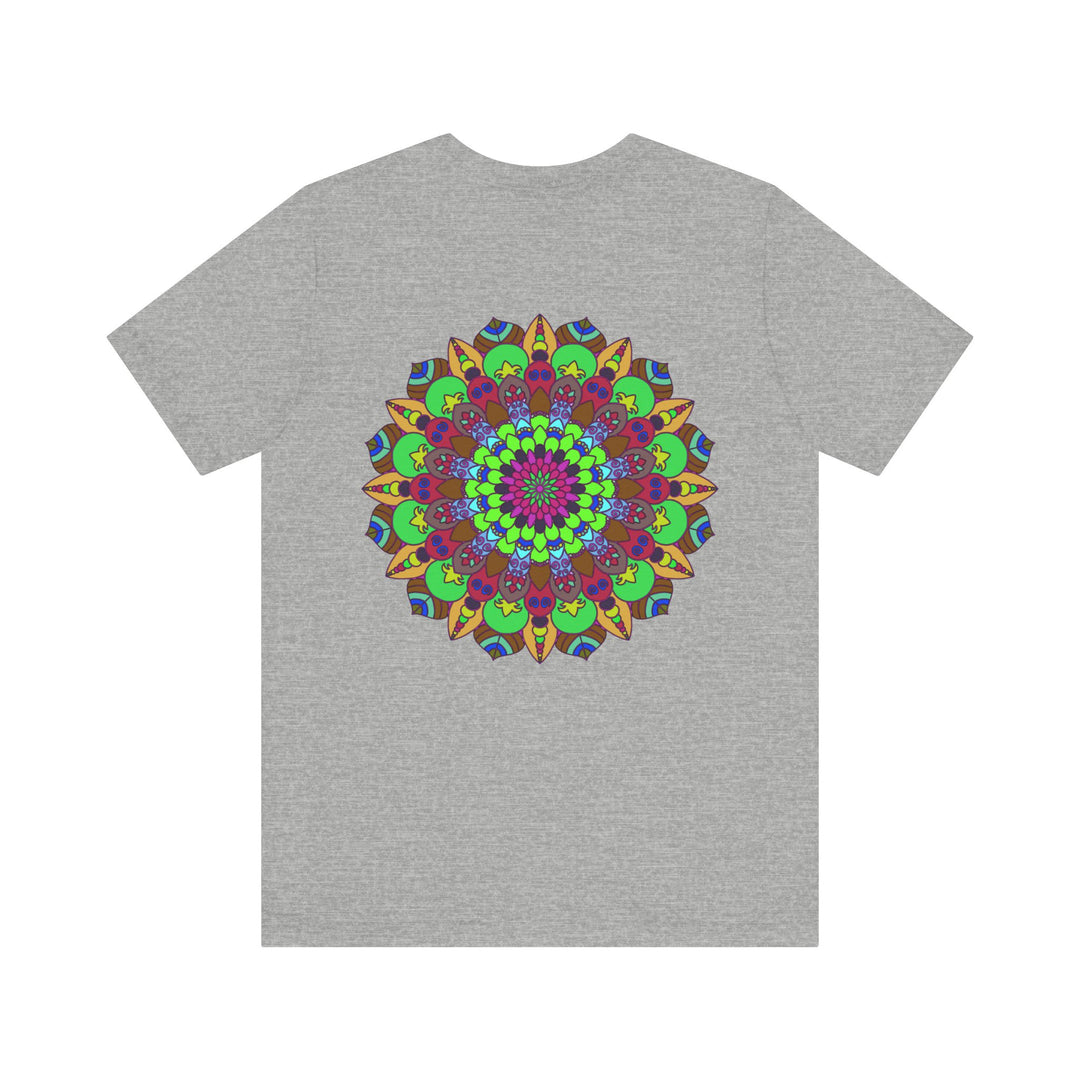 Beautiful and eye-catching Vibrant Mandala T-Shirt featuring symbols of peace and harmony, perfect for adding a pop of color to your wardrobe