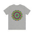 Beautiful and eye-catching Vibrant Mandala T-Shirt featuring symbols of peace and harmony, perfect for adding a pop of color to your wardrobe