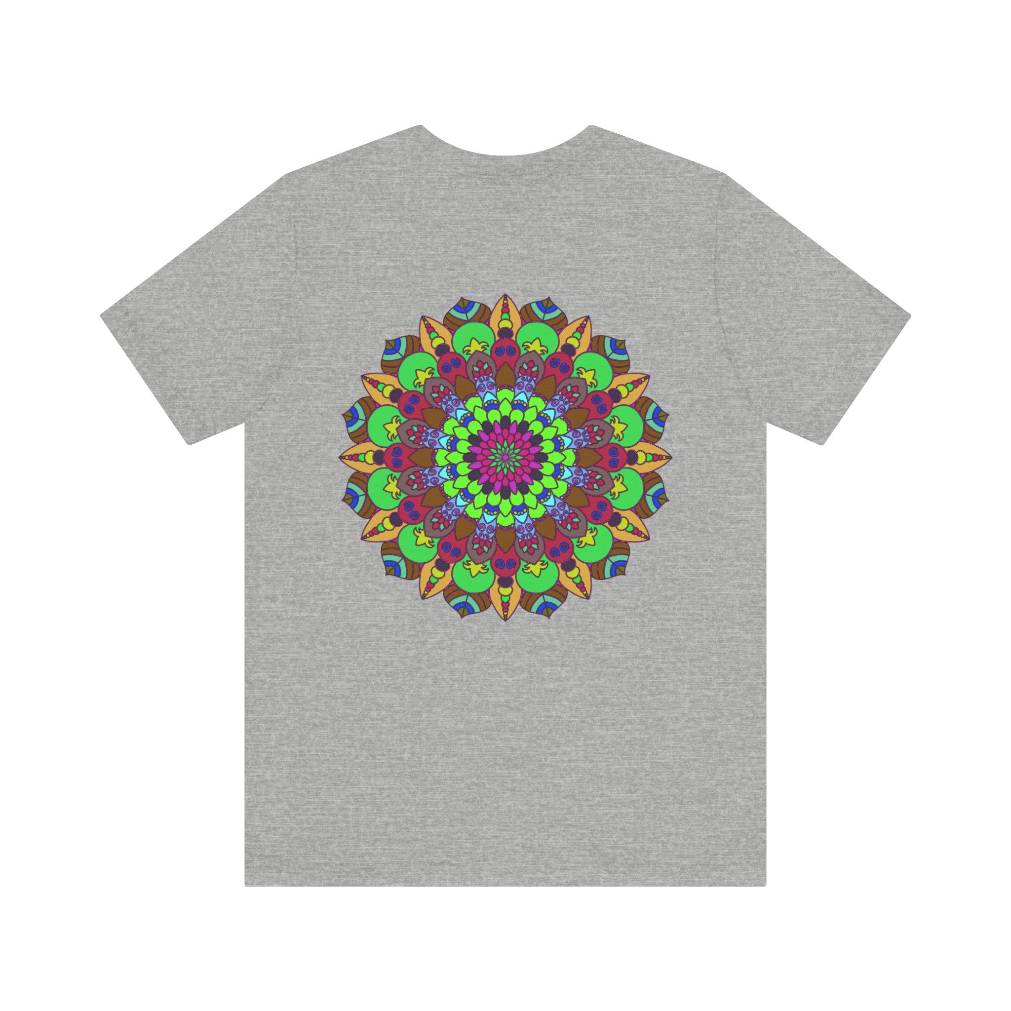 Beautiful and eye-catching Vibrant Mandala T-Shirt featuring symbols of peace and harmony, perfect for adding a pop of color to your wardrobe