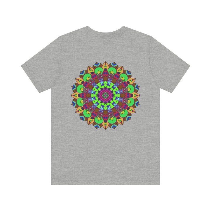 Beautiful and eye-catching Vibrant Mandala T-Shirt featuring symbols of peace and harmony, perfect for adding a pop of color to your wardrobe