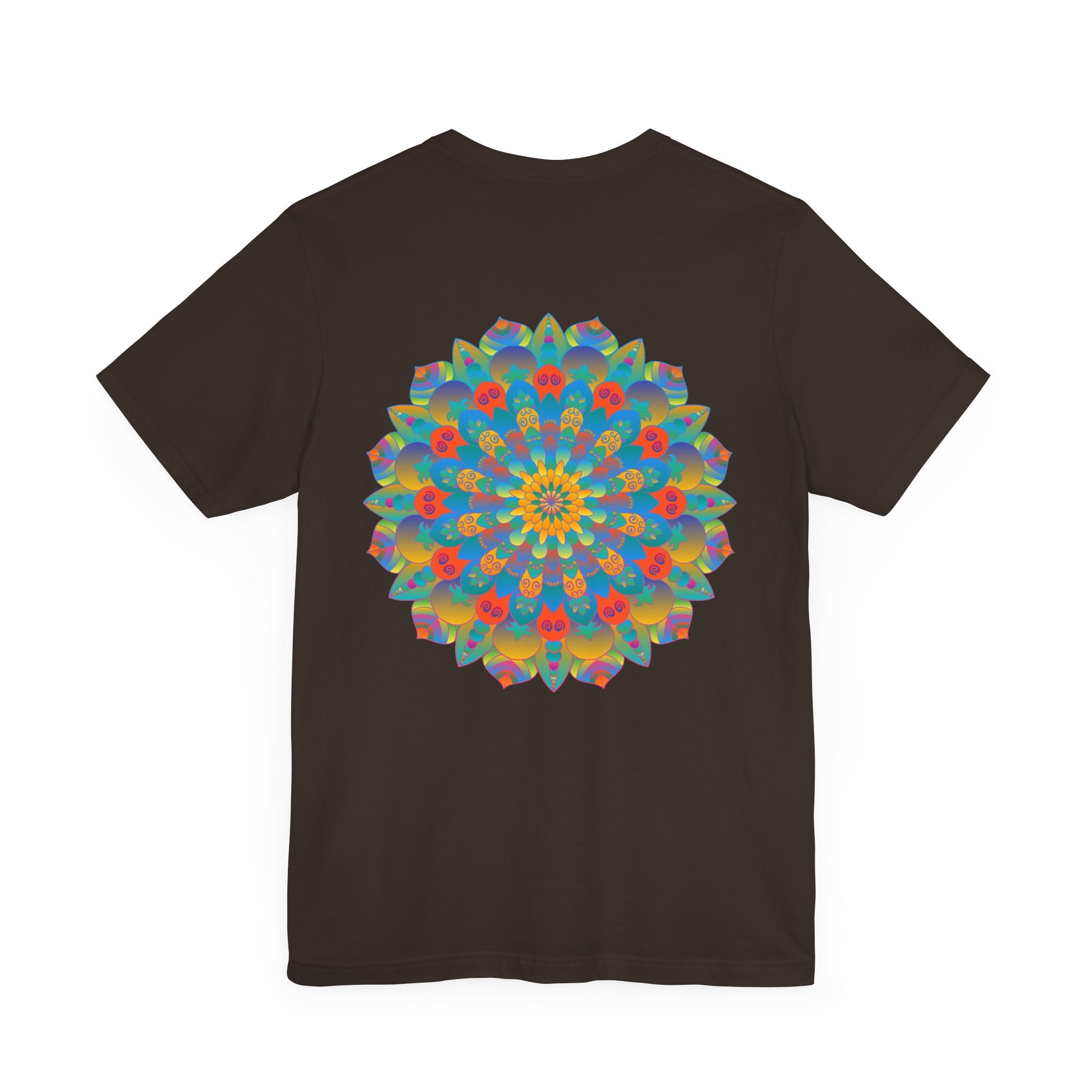 A vibrant and colorful psychedelic mandala t-shirt featuring spiritual symbols for peace and harmony