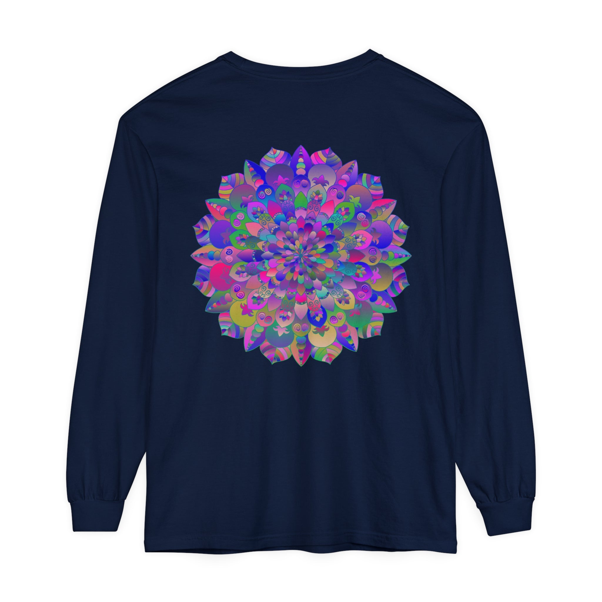 Colorful long sleeve t-shirt featuring a vibrant mandala design in red, blue, and yellow hues