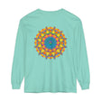 Colorful and intricate mandala design printed on a unisex long sleeve t-shirt