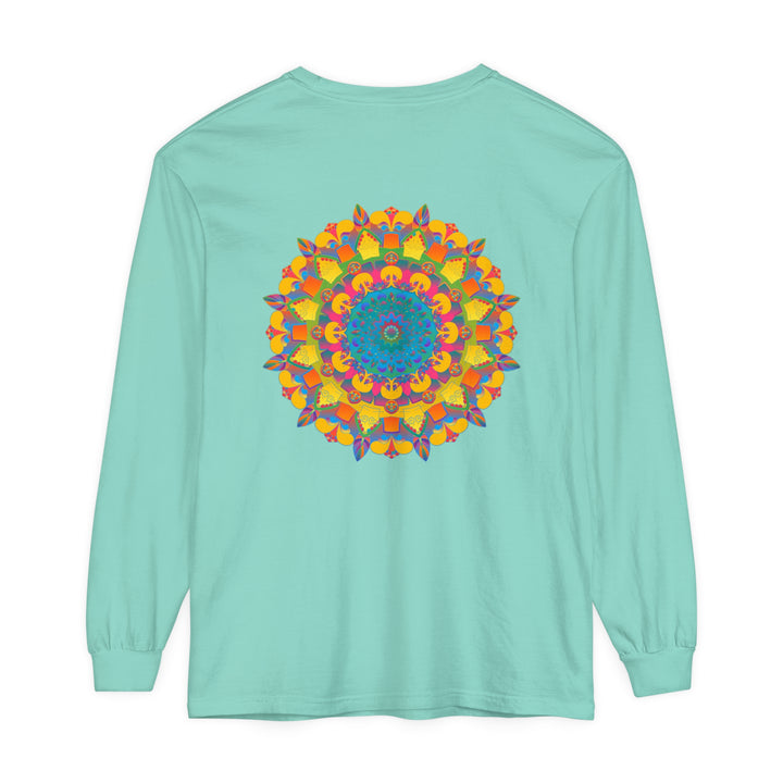 Colorful and intricate mandala design printed on a unisex long sleeve t-shirt