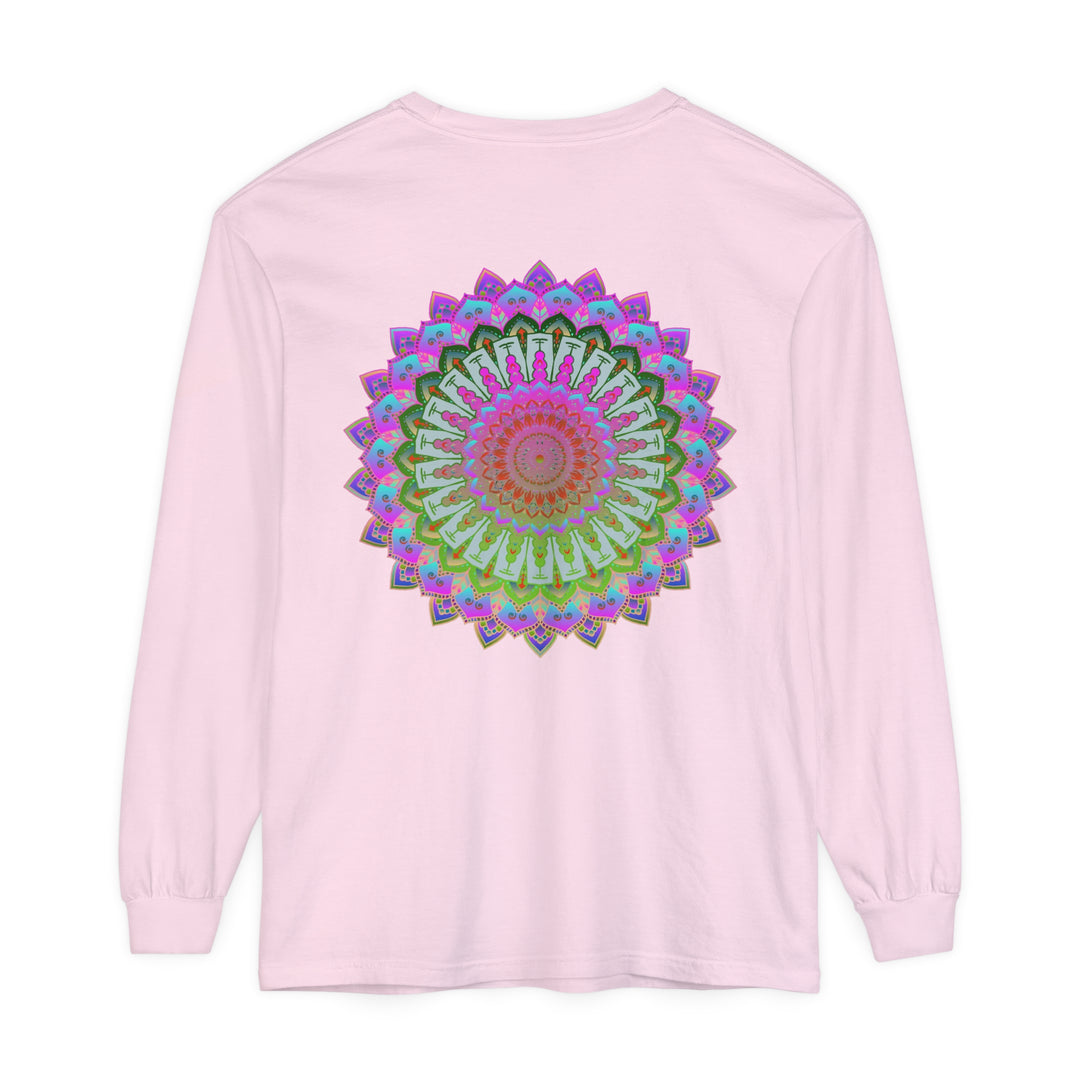 Colorful and intricate mandala design on a unisex long sleeve T-shirt