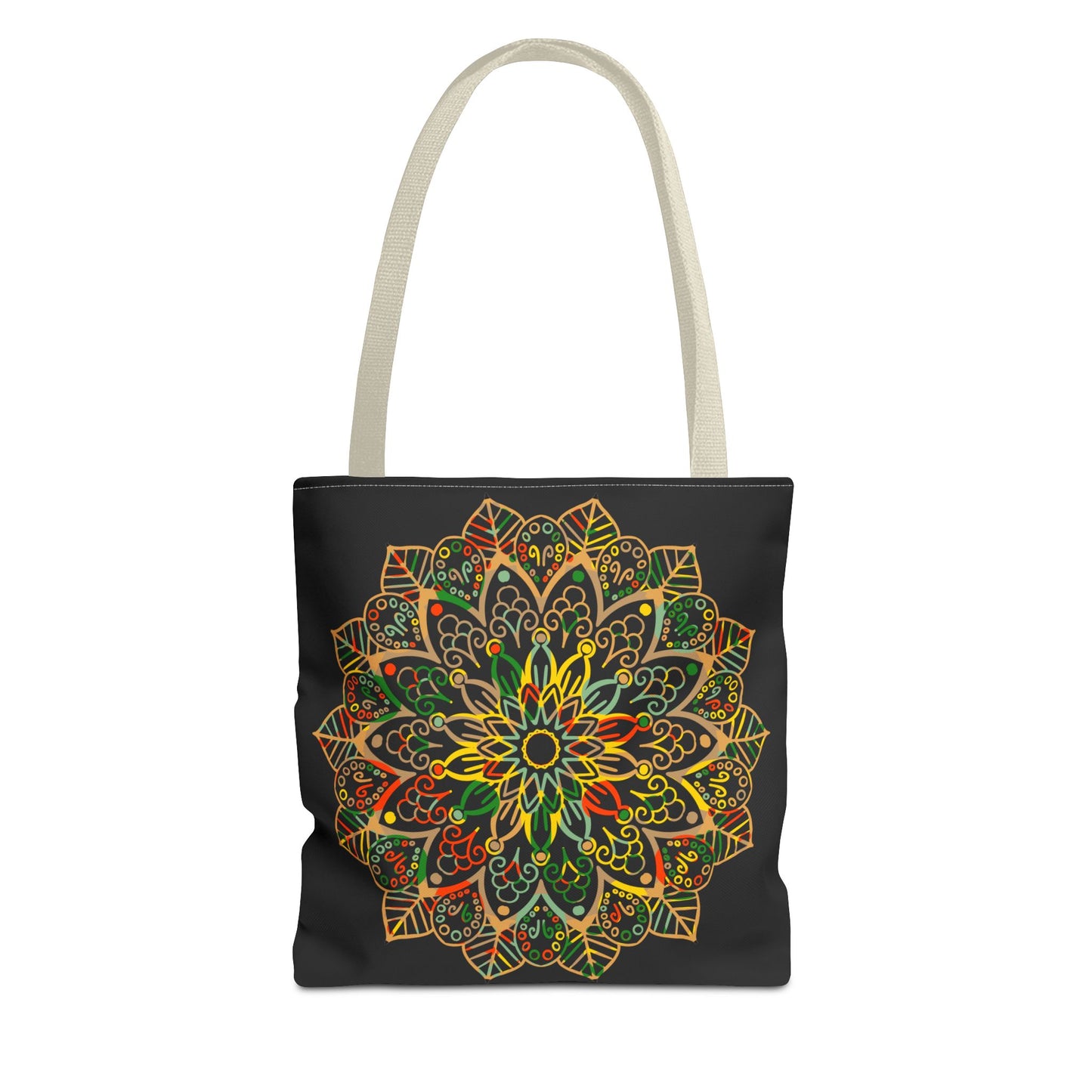 Colorful mandala art hand-drawn tote bag with all-over print design