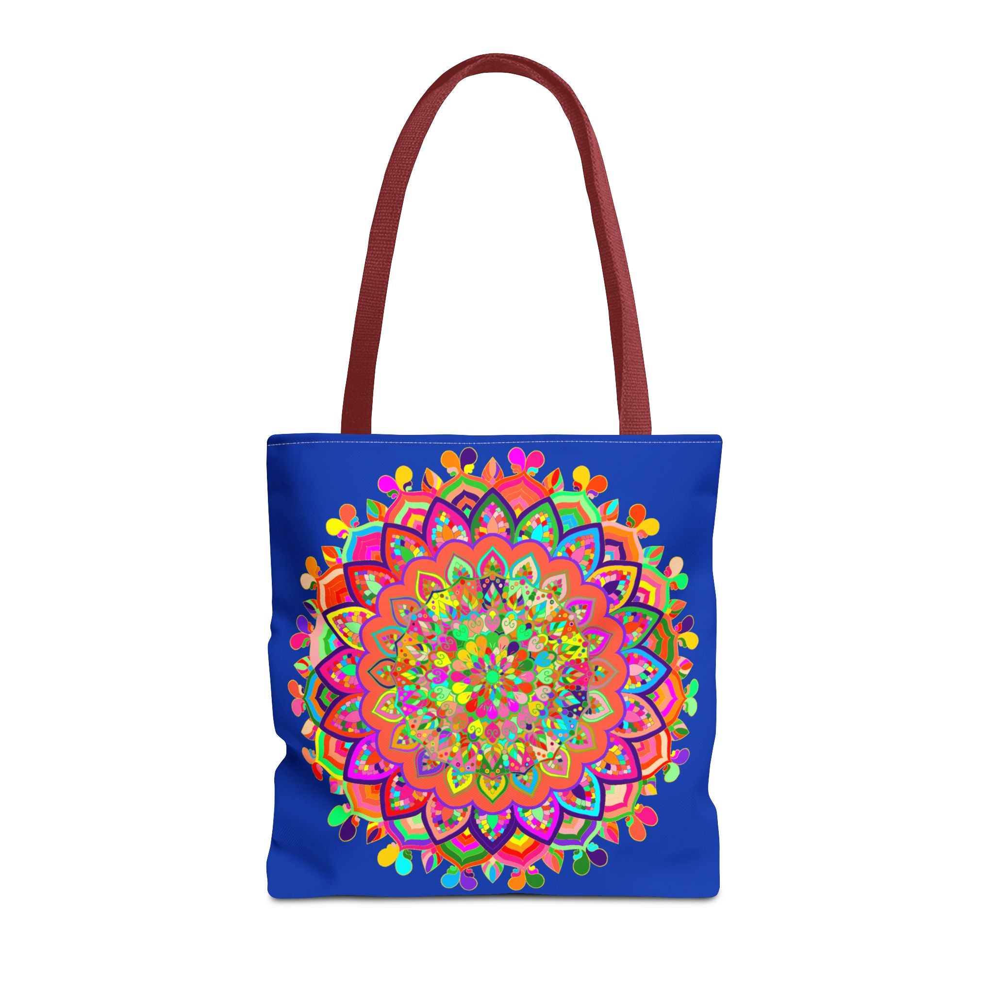 Dark blue tote bag with colorful mandala art, perfect for carrying groceries and accessories in style