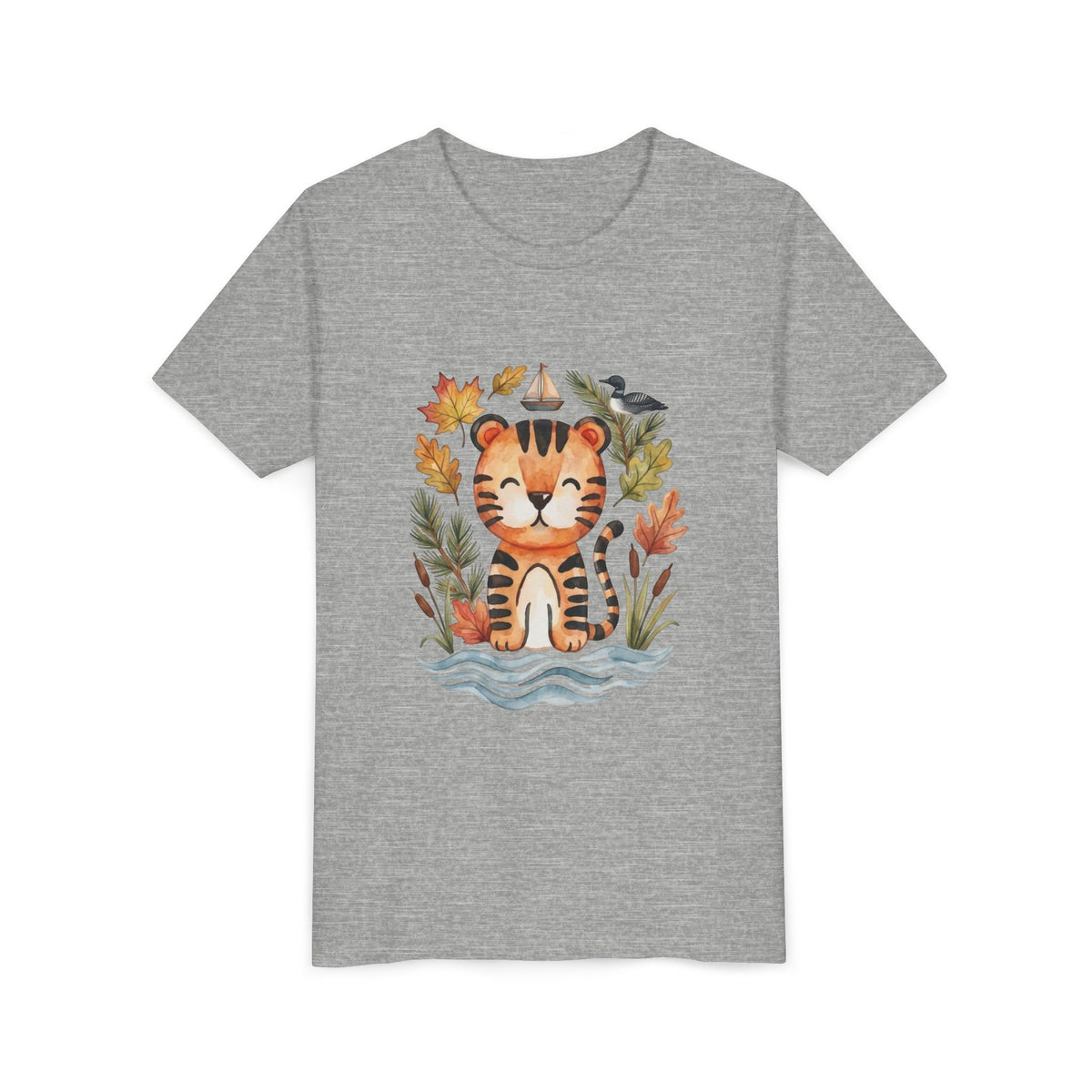 Kids Tiger Lake Ontario Tee — Watercolor Autumn Sailboat & Leaves Youth Short Sleeve Tee