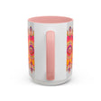 Colorful mandala art mug with vibrant hues against a sleek grey background