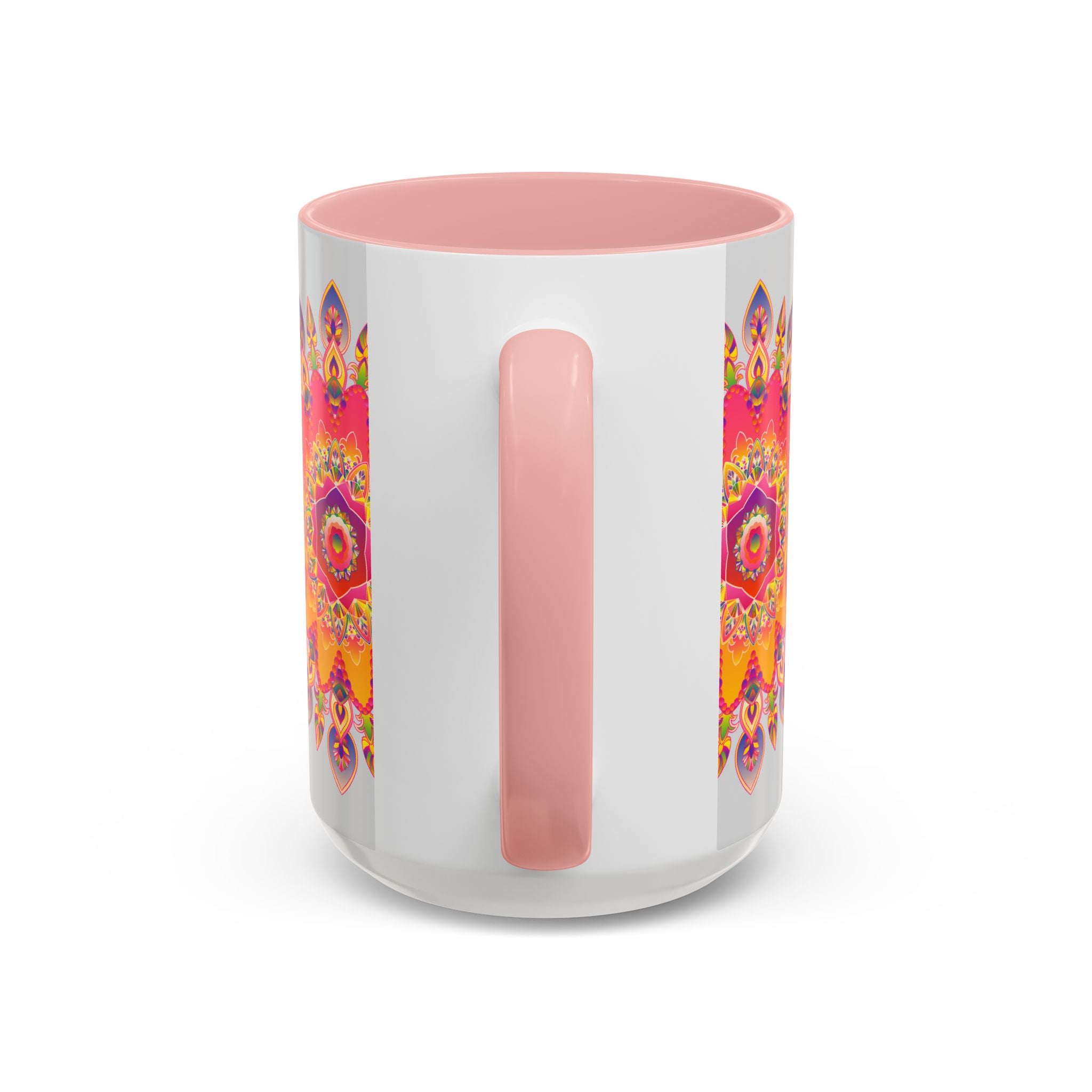 Colorful mandala art mug with vibrant hues against a sleek grey background