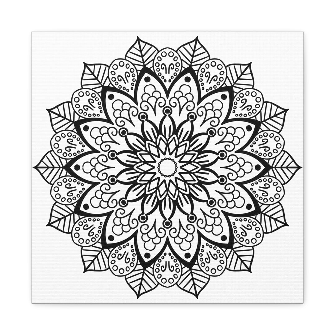 Handmade mandala art featuring intricate black and white design on matte canvas, stretched and framed at 125 inches