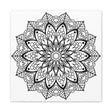 Handmade mandala art featuring intricate black and white design on matte canvas, stretched and framed at 125 inches