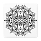 Handmade mandala art featuring intricate black and white design on matte canvas, stretched and framed at 125 inches