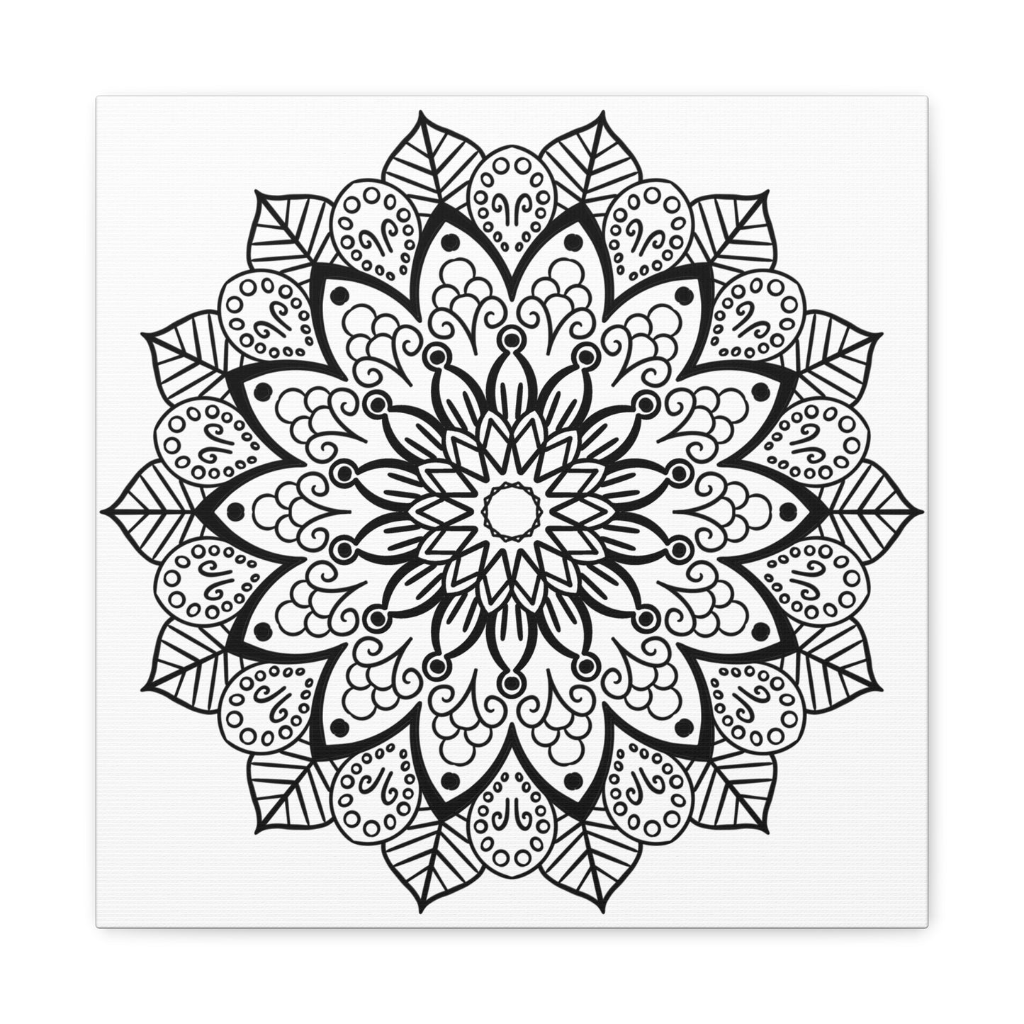 Handmade mandala art featuring intricate black and white design on matte canvas, stretched and framed at 125 inches