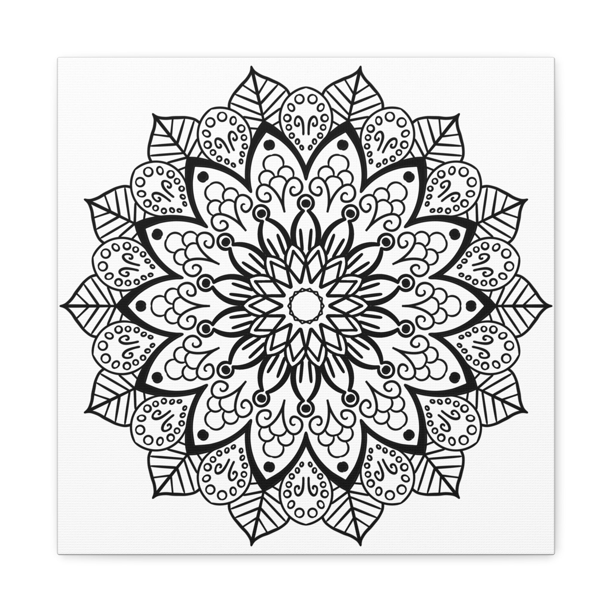 Handmade mandala art featuring intricate black and white design on matte canvas, stretched and framed at 125 inches