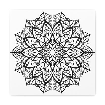 Handmade mandala art featuring intricate black and white design on matte canvas, stretched and framed at 125 inches