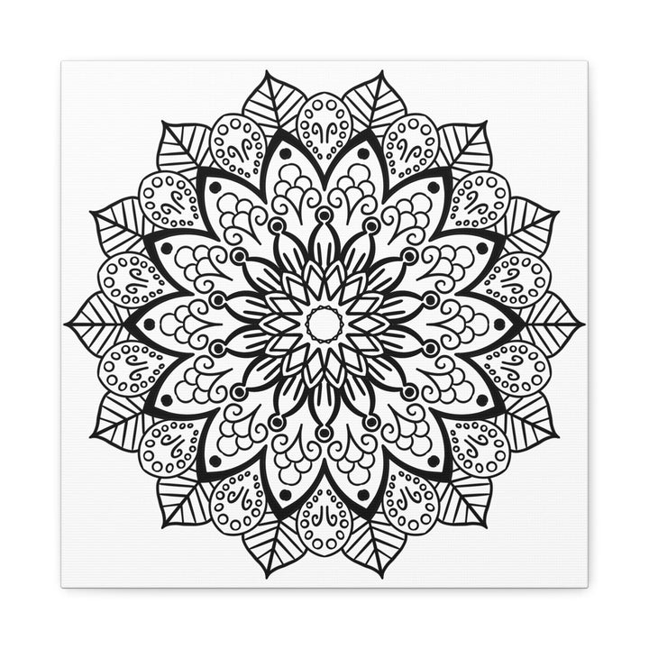 Handmade mandala art featuring intricate black and white design on matte canvas, stretched and framed at 125 inches