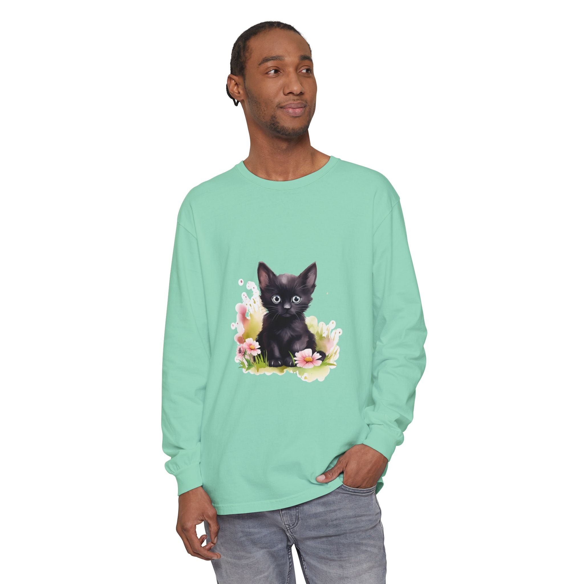 Langarmshirt | Schwarzes Kätzchen & rosa Blumen