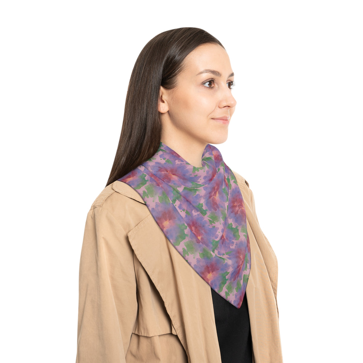 Floral Watercolor Poly Scarf - Lavender Pink Green Spring Pattern