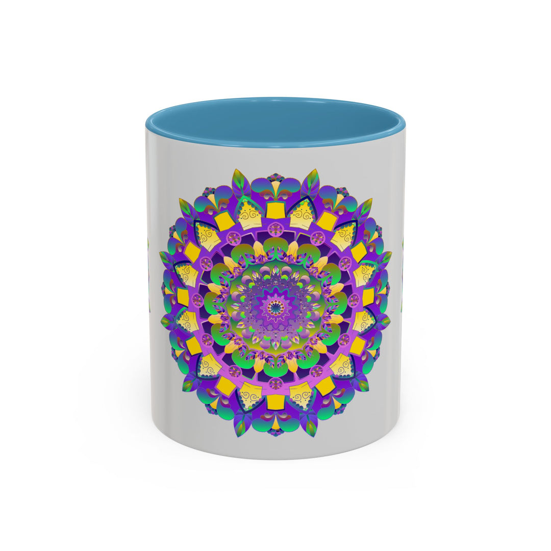 A hand-painted ceramic mug in purple and yellow featuring a mandala design