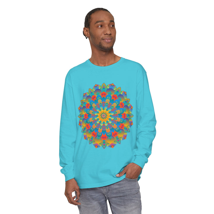 Colorful, intricate mandala design adorns this unisex long sleeve t-shirt, perfect for adding a vibrant touch to your wardrobe