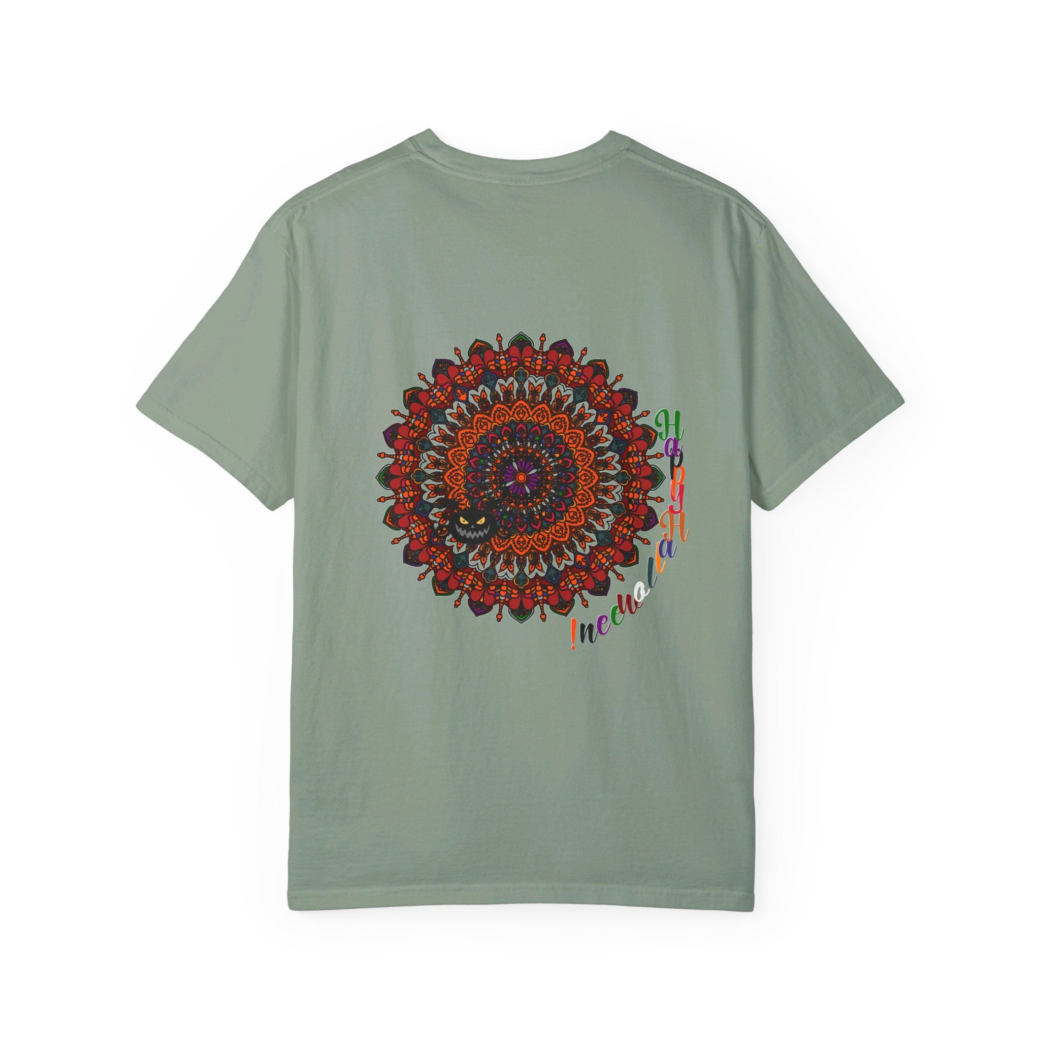 Unisex Halloween Mandala T-shirt featuring handmade pumpkin mandala art on a garment-dyed tee