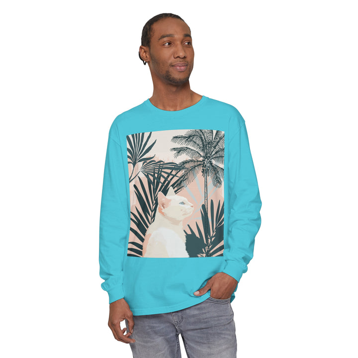 A close-up image of a white cat tropical mandala long sleeve t-shirt with vibrant colors and intricate design