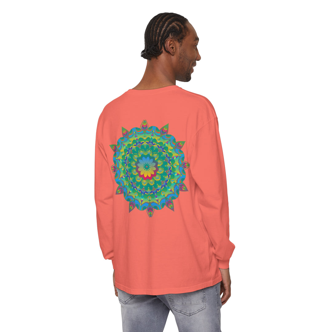 Colorful and intricate psychedelic mandala design on a long sleeve t-shirt