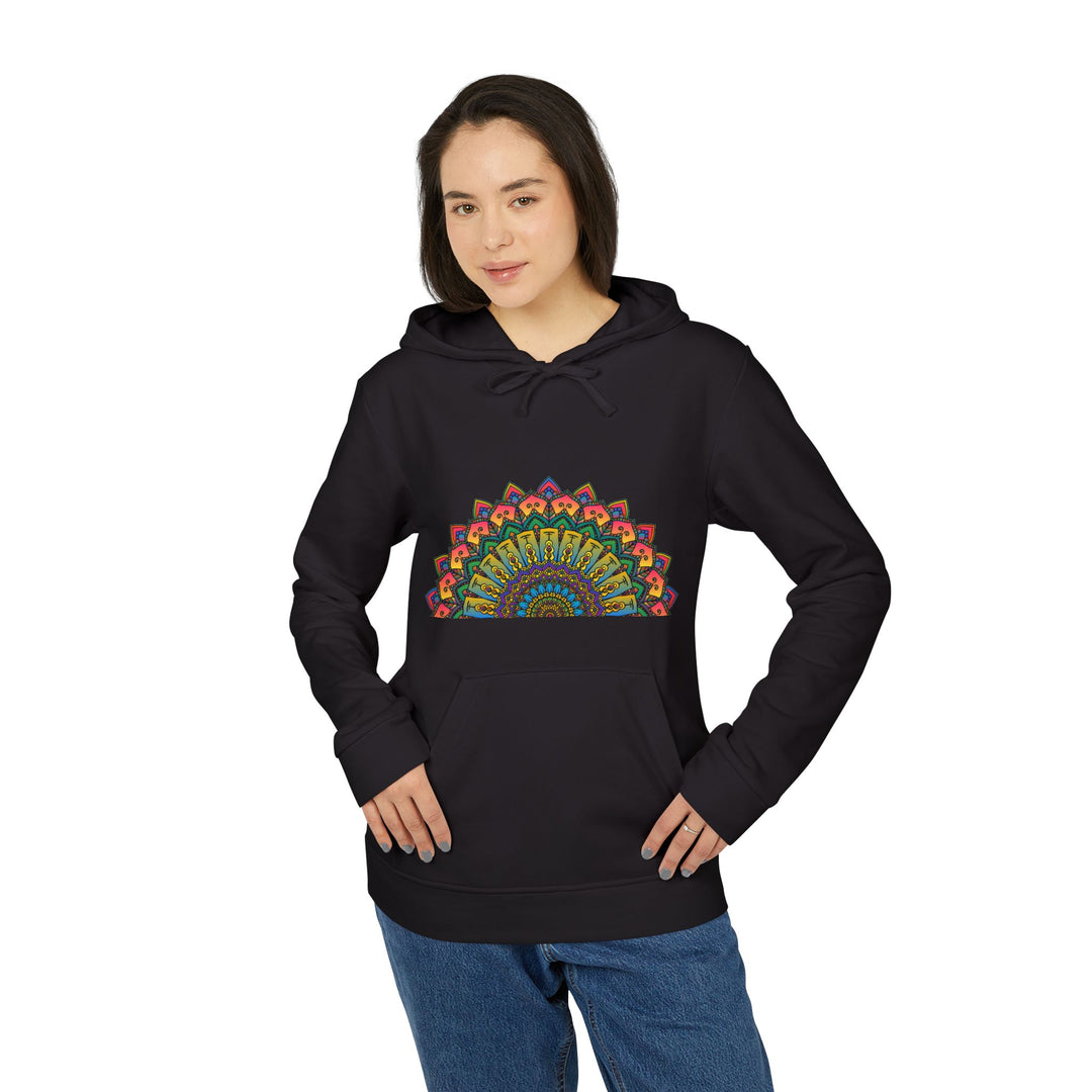 Colorful and vibrant mandala design on a comfortable and warm fleece hoodie