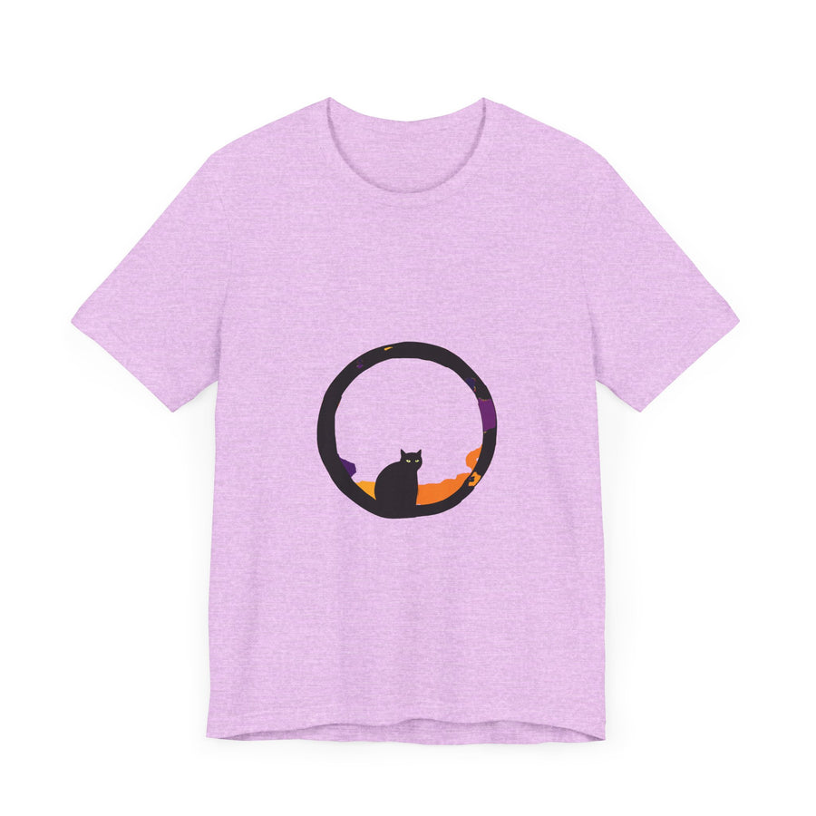 A black cat with glowing yellow eyes stands in front of a full moon and bats, creating a spooky and stylish design for the Black Cat Mystery Moon T-Shirt