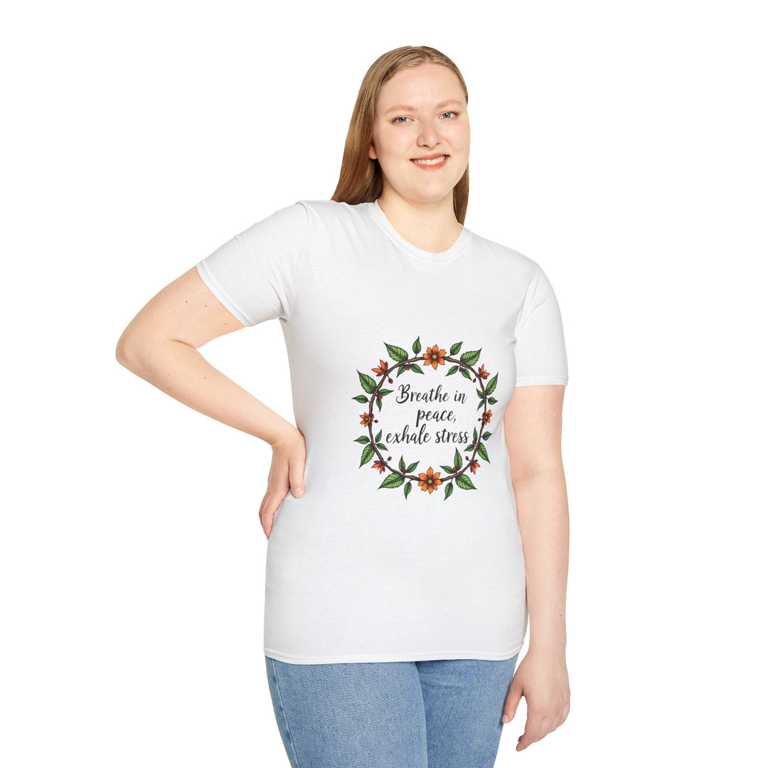 Women's white t-shirt with a floral garland design and the words 'Breathe in Peace Exhale Stress' on it, perfect for a peaceful and stylish look