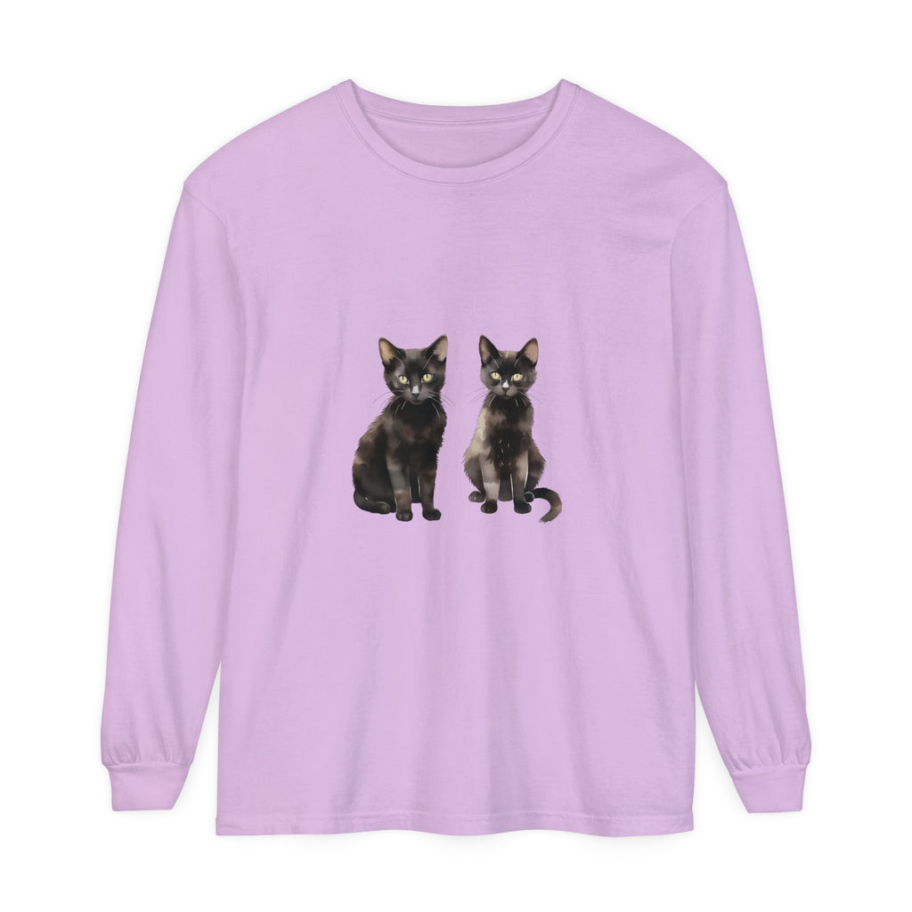 Beautiful and unique long sleeve t-shirt featuring a watercolor art design of a black cat