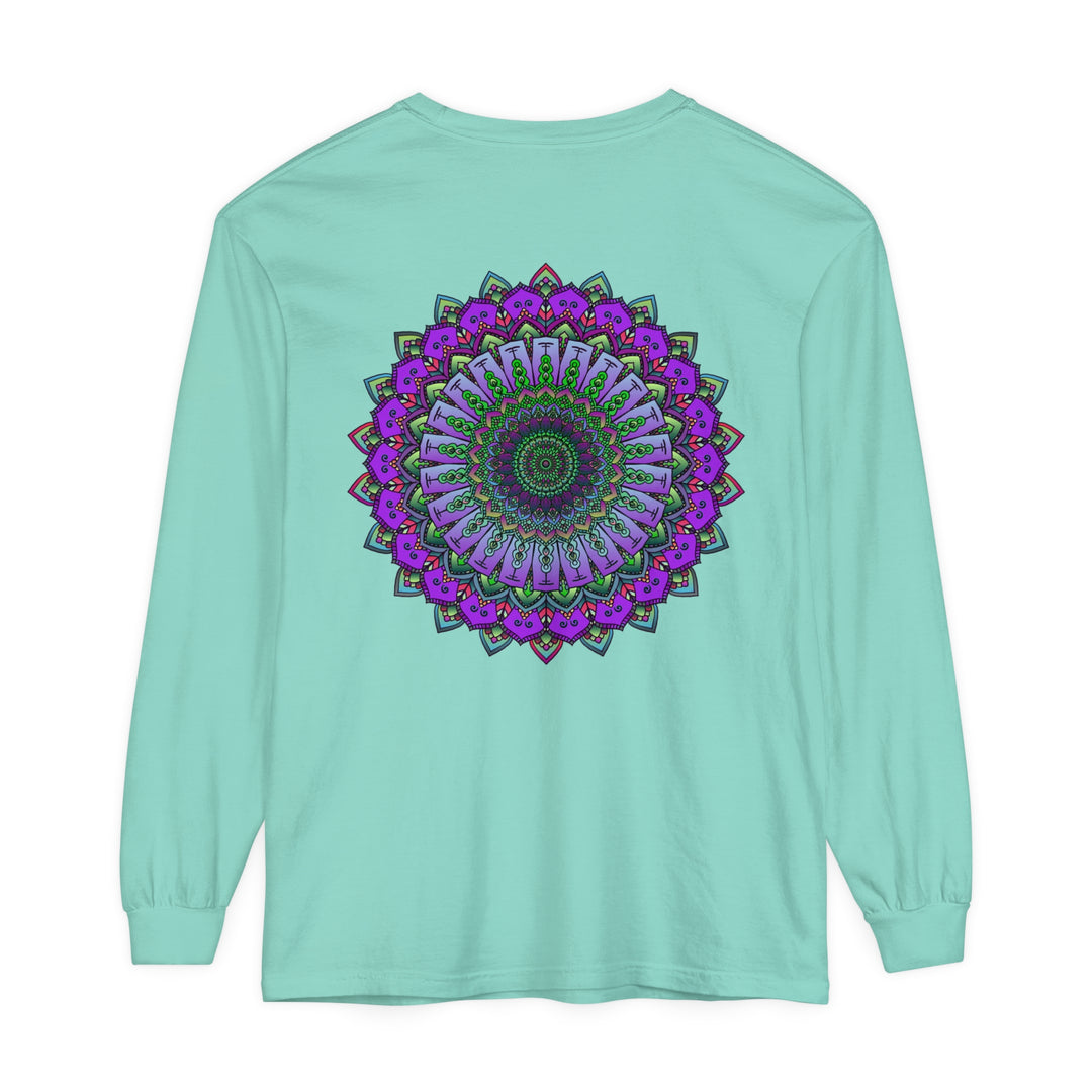 Intricate mandala design featuring vibrant colors on unisex long sleeve t-shirt