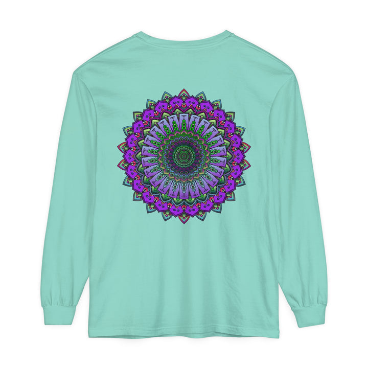 Intricate mandala design featuring vibrant colors on unisex long sleeve t-shirt