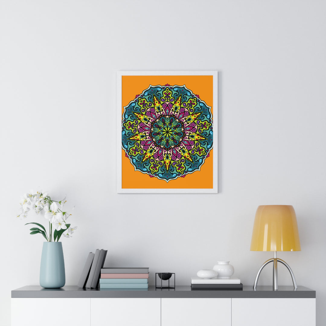 Vertical framed poster featuring a hand-drawn orange mandala design, perfect for mindfulness and yoga enthusiasts