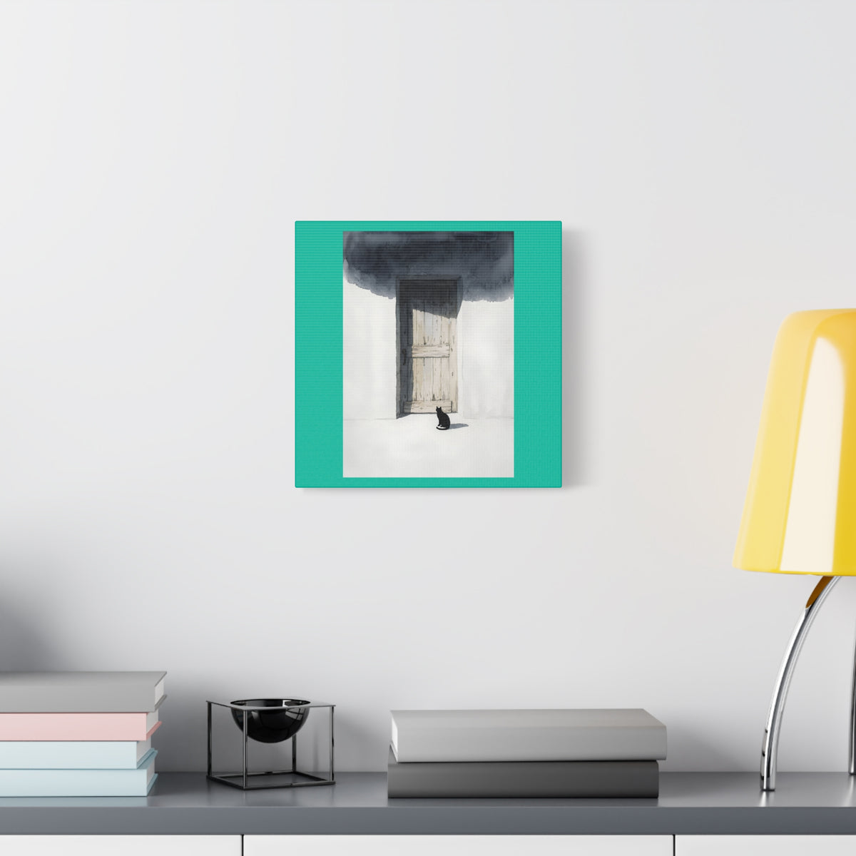 Cat at the Door Matte Canvas Wall Art — Moody Minimalist Cat Illustration