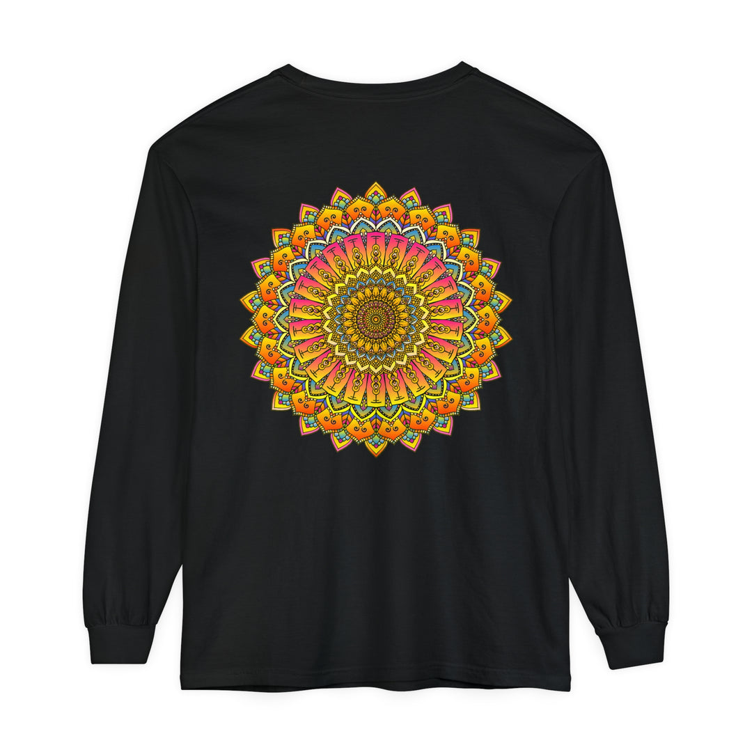 Colorful and intricate mandala design on a unisex long sleeve t-shirt