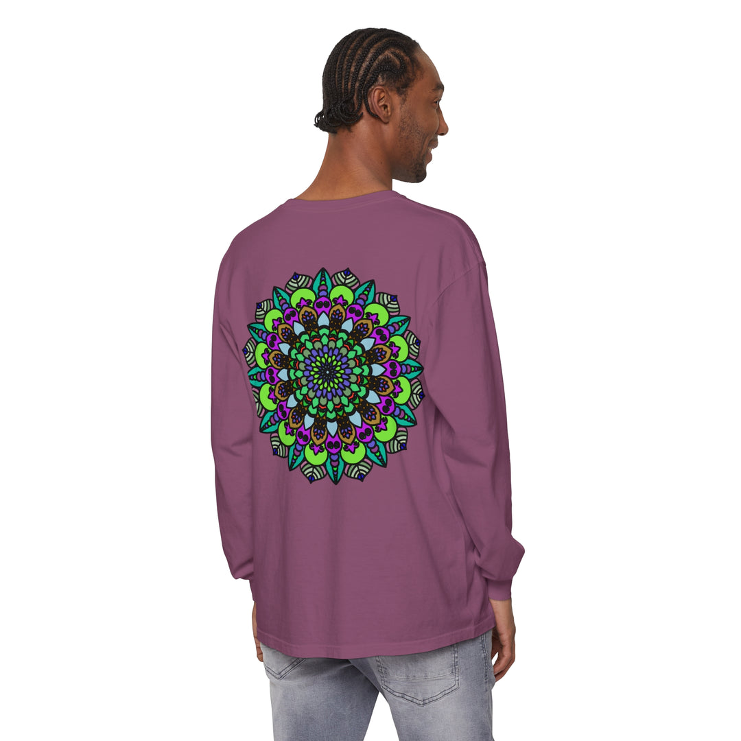 Colorful and intricate psychedelic mandala design on a unisex long sleeve t-shirt