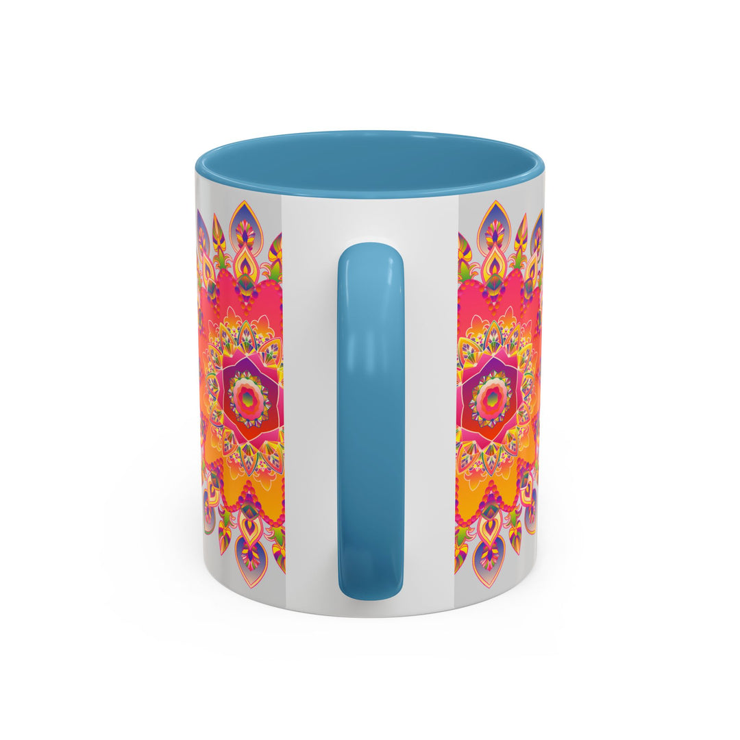 Colorful mandala art mug featuring vibrant colors against a grey background