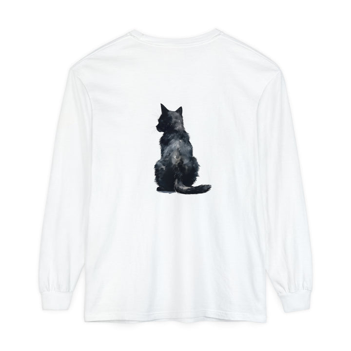 Black Cat Watercolor Long Sleeve T-Shirt featuring a vibrant watercolor design of a black cat on a comfortable, long-sleeve shirt