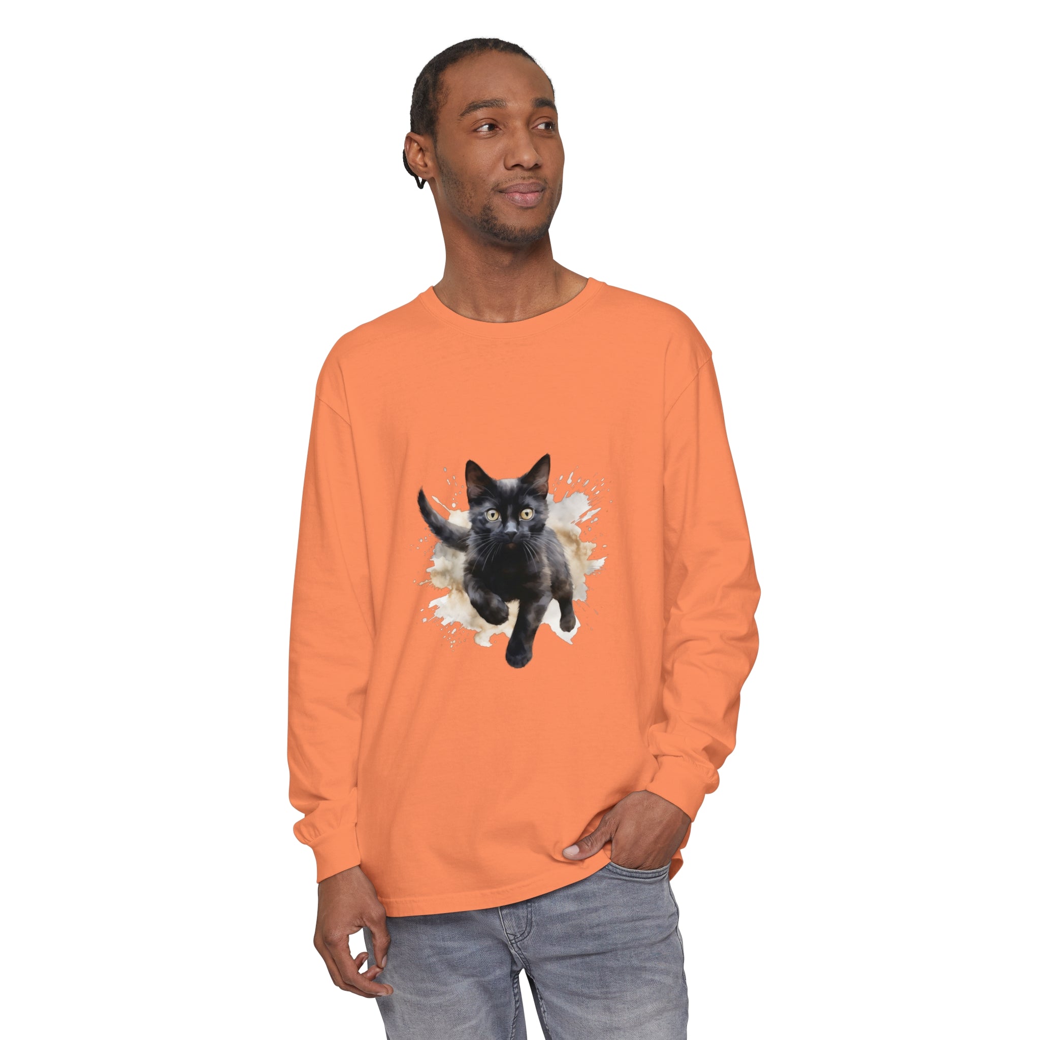 Black Cat Watercolor Splash T-Shirt with vibrant colors and feline design