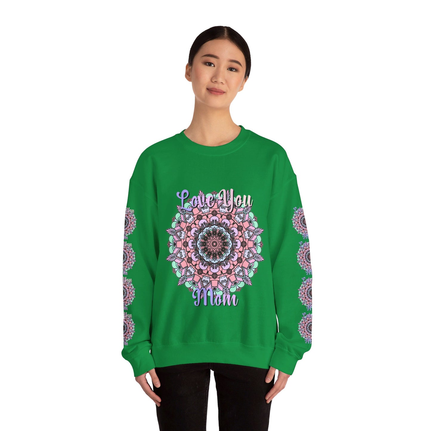 A cozy unisex crewneck sweatshirt in a vibrant color with the words Love You Mom - the perfect birthday gift for your beloved mother