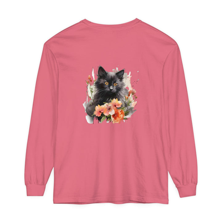 Black Cat & Flowers Watercolor T-Shirt with vibrant watercolor design, perfect for cat lovers